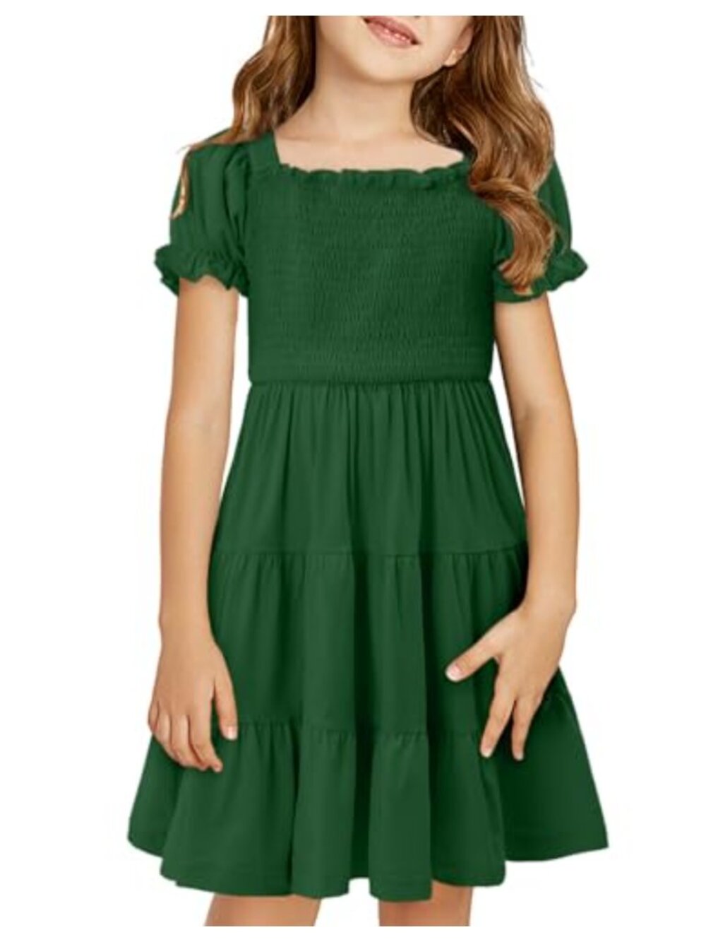 Girls Smocked Square Neck Puff Sleeve Ruffle Dress Knee Length